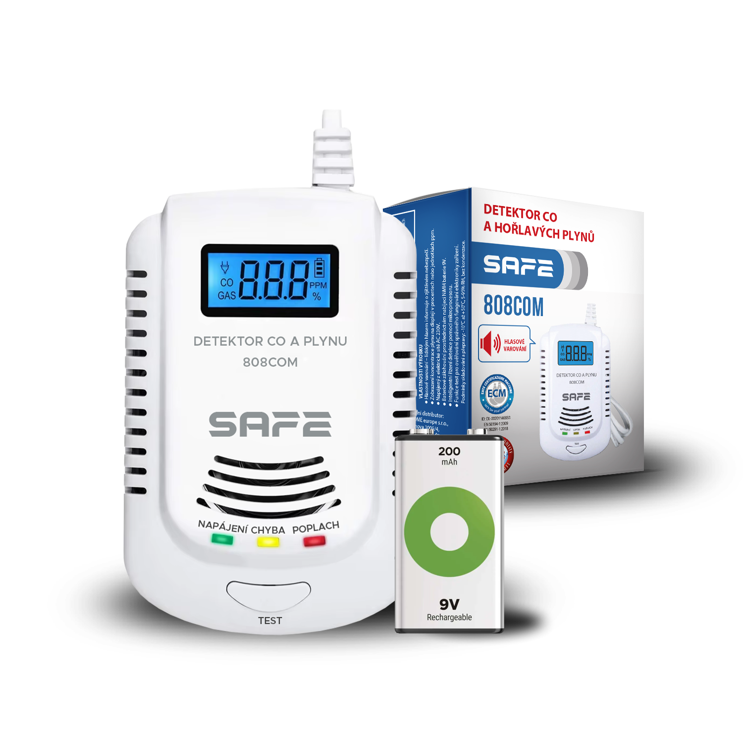 SET Kombinovaný detektor CO a plynů SAFE 808COM + nabíjecí baterie 9V