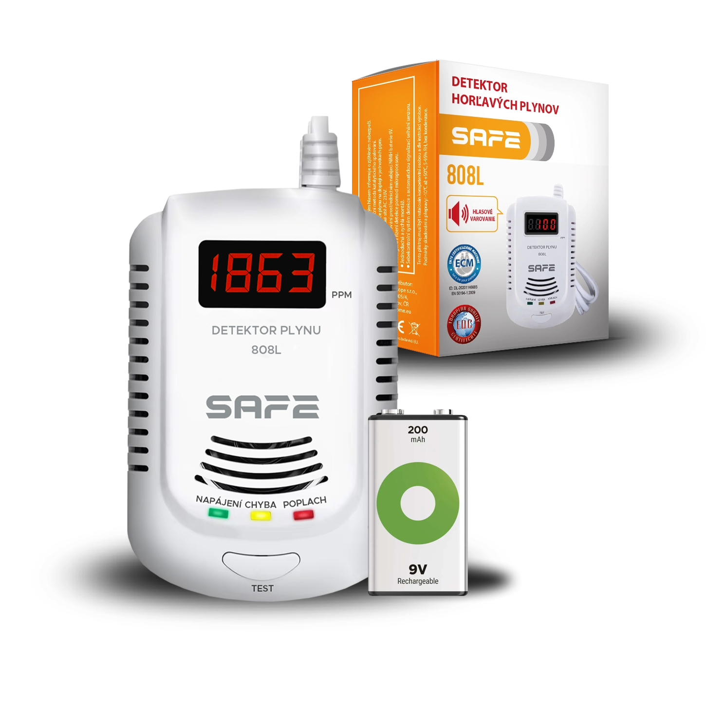 SET Detektor hořlavých a výbušných plynů SAFE 808L+  nabíjecí baterie 9V