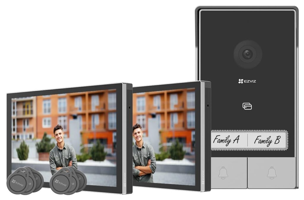 EZVIZ chytrý domácí interkom HP7 2-Family Kit-EU/ Wi-Fi/ 2048 x 1296/ 2x 7" dotykový monitor/ zvonek/ IP65/ černo-stř.